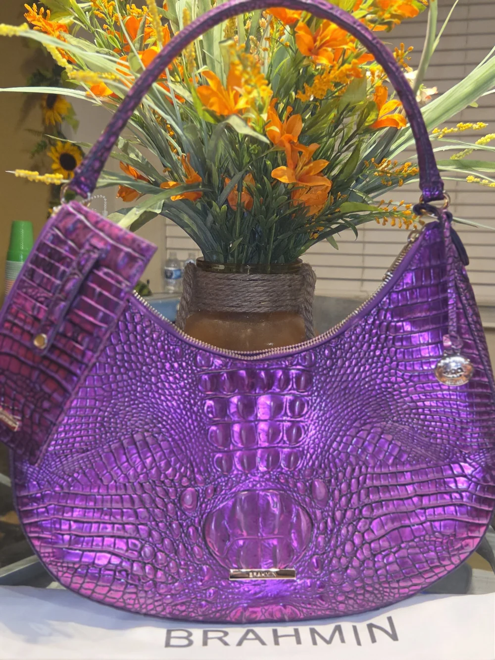 Brahmin Purple Croc-Embossed Large Hobo Bag With Credit Card Holder With Zipper